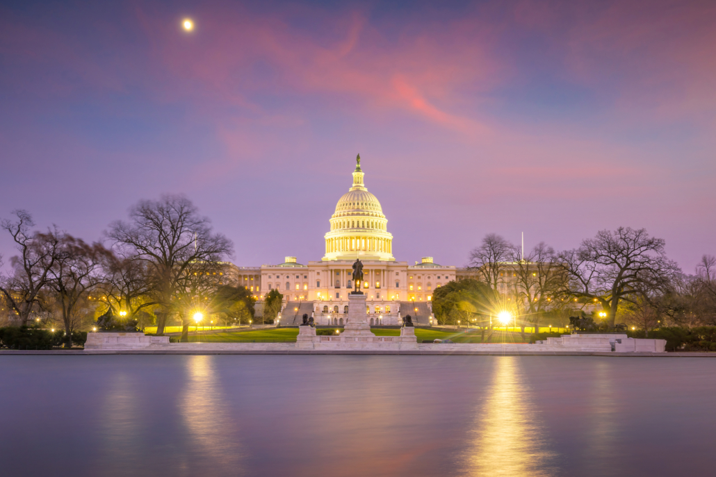 United States Capitol building at sunset.
